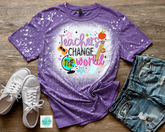 Teachers change the world heather purple bleached shirt.