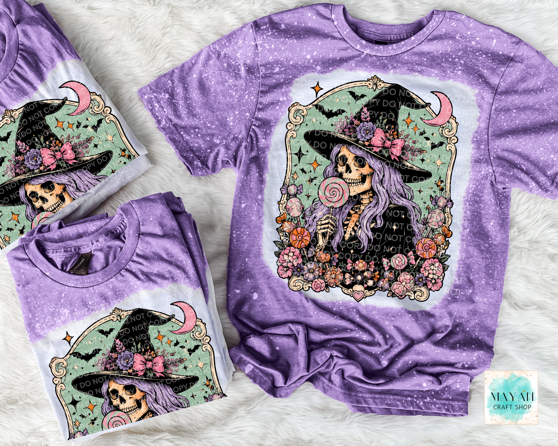 Purple t-shirt with skeleton wearing a witch hat and floral design on a white background