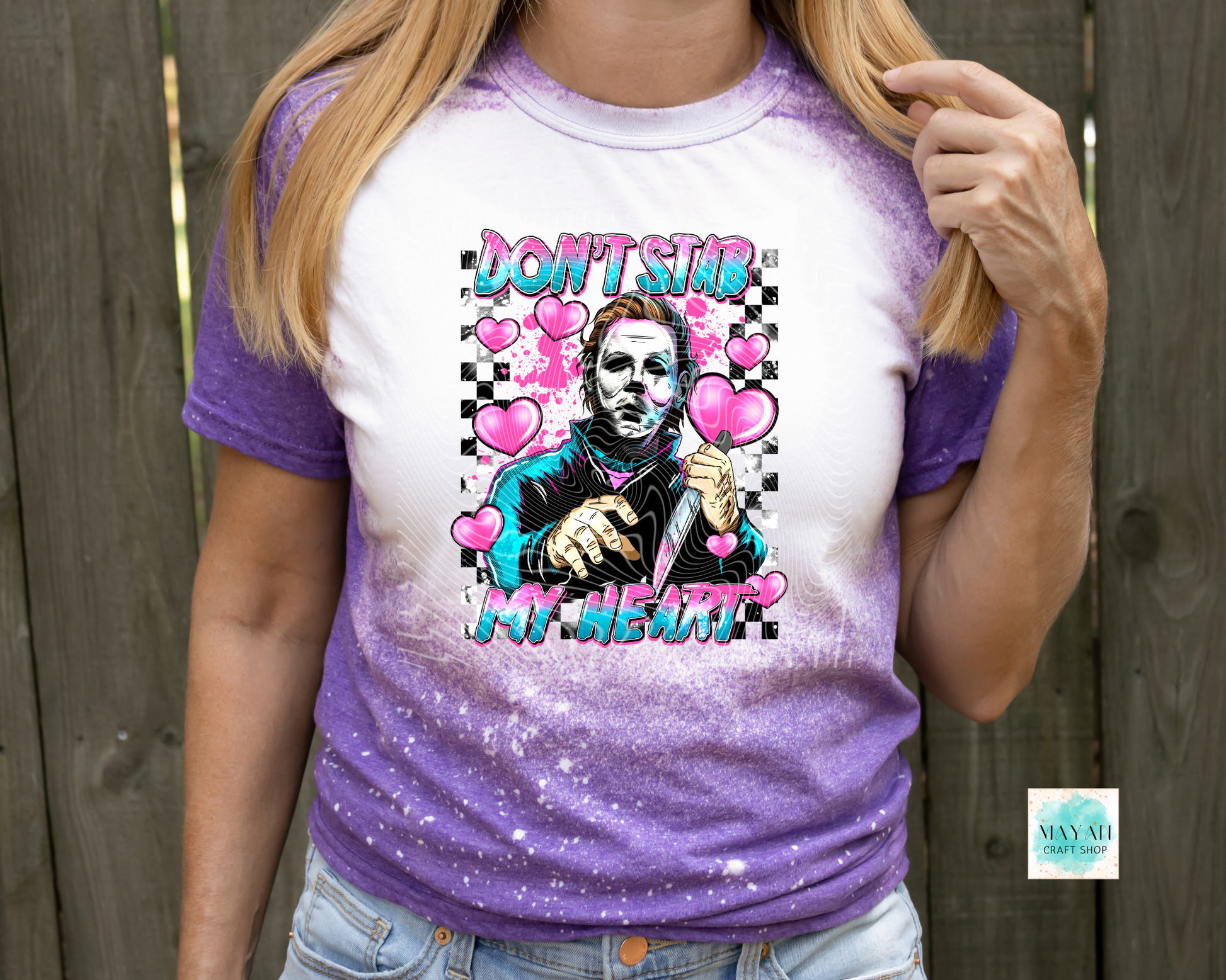 Don't stab my heart bleached heather purple shirt. -Mayan Craft Shop