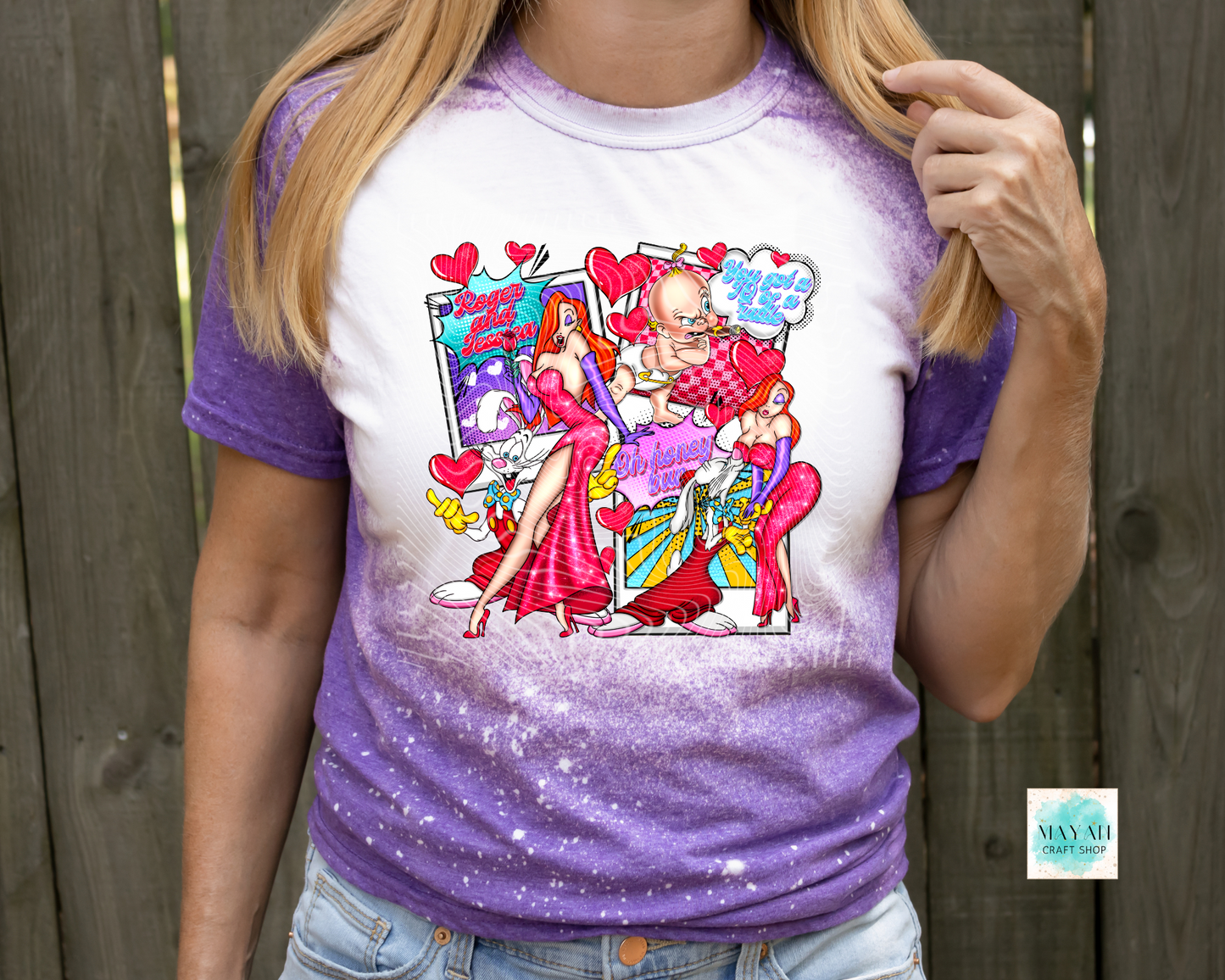 Toon love bleached heather purple bleached tee. -Mayan Craft Shop