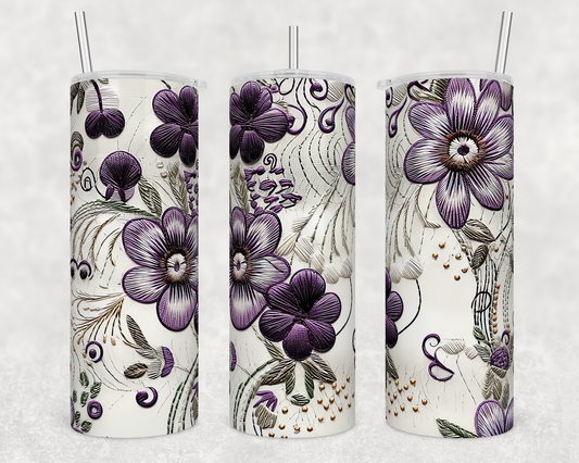 Purple flower embroidery 20 oz. skinny tumbler