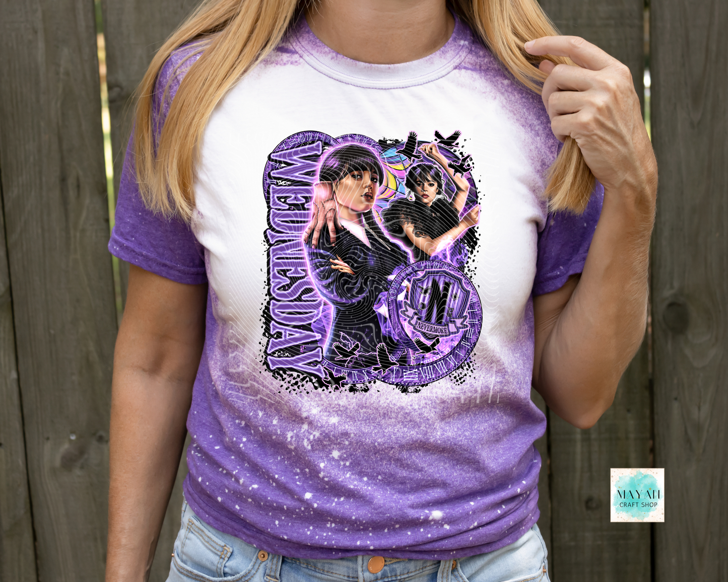 Purple design on a heather purple shirt.