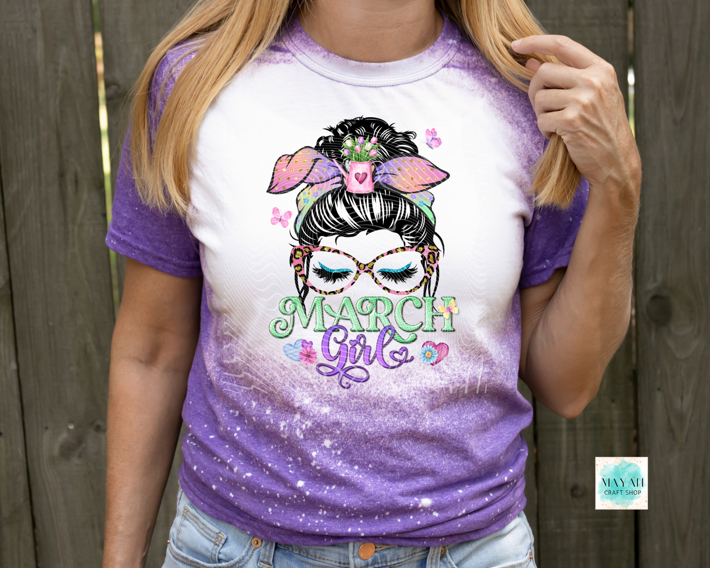 March girl heather purple bleached tee. -Mayan Craft Shop