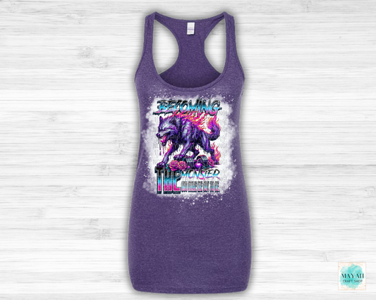 Becoming the monster heather purple bleached tank top. -Mayan Craft Shop