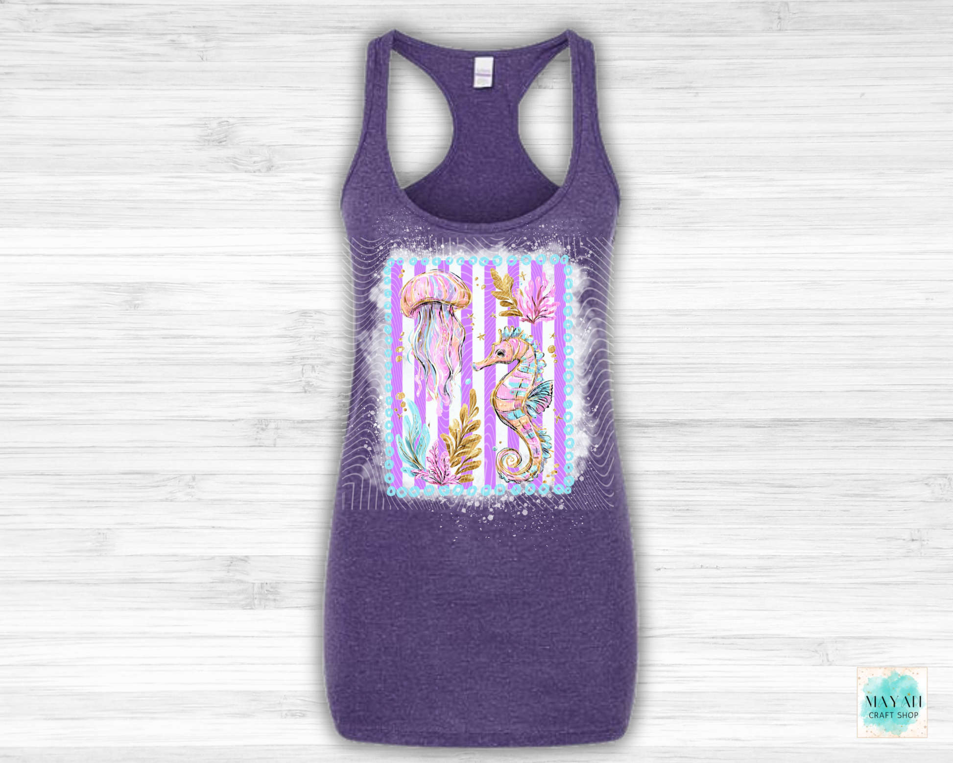 Purple tank top with a colorful seahorse design on a white background