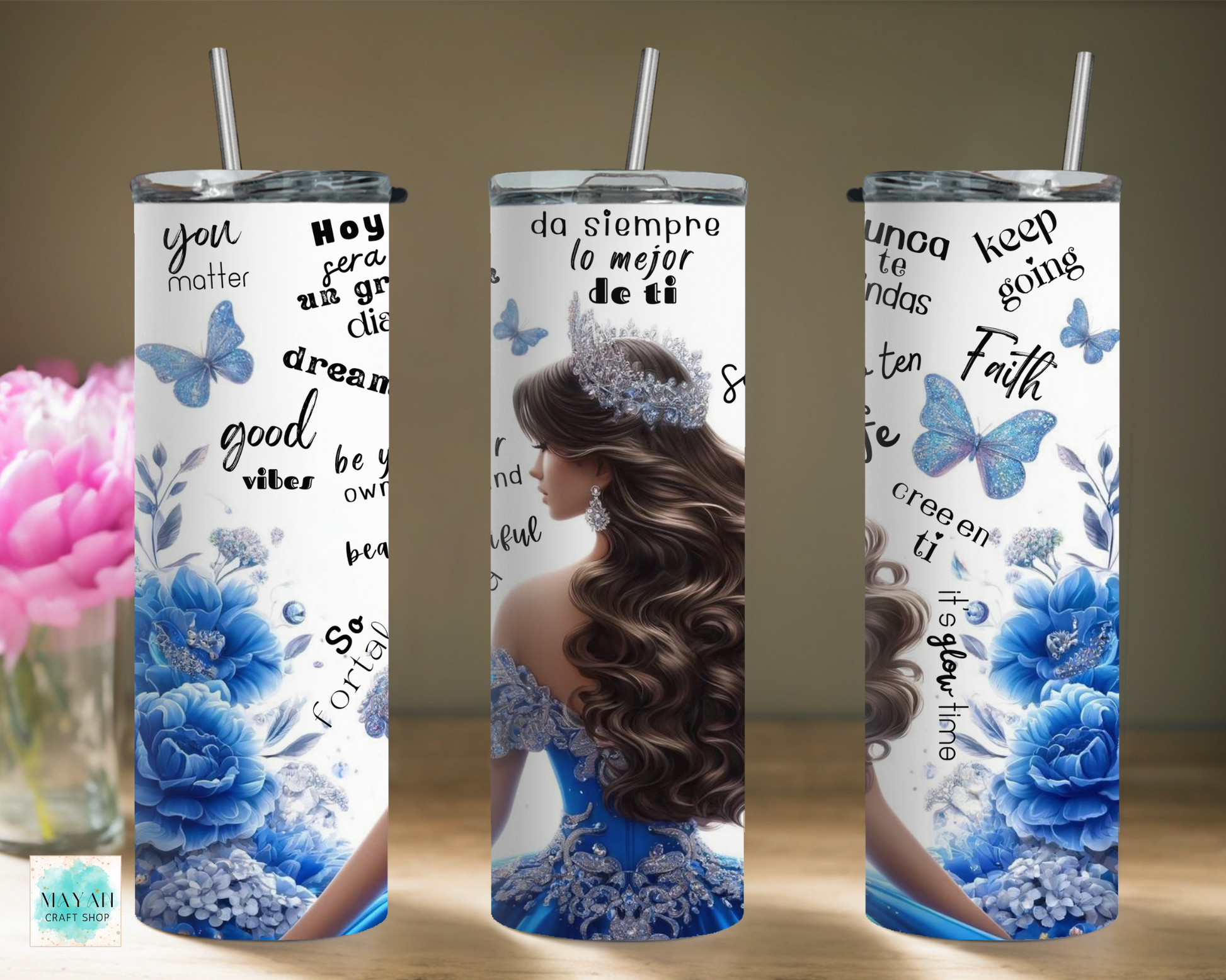 Quinceanera blue tumbler. -Mayan Craft Shop