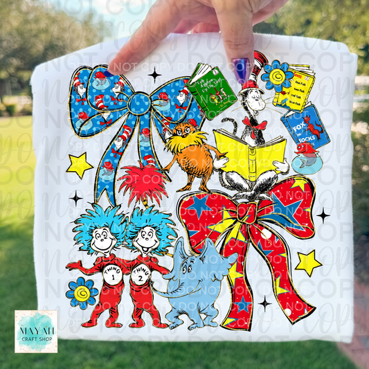 Colorful reading-themed collage on a white background with a blurred outdoor setting.