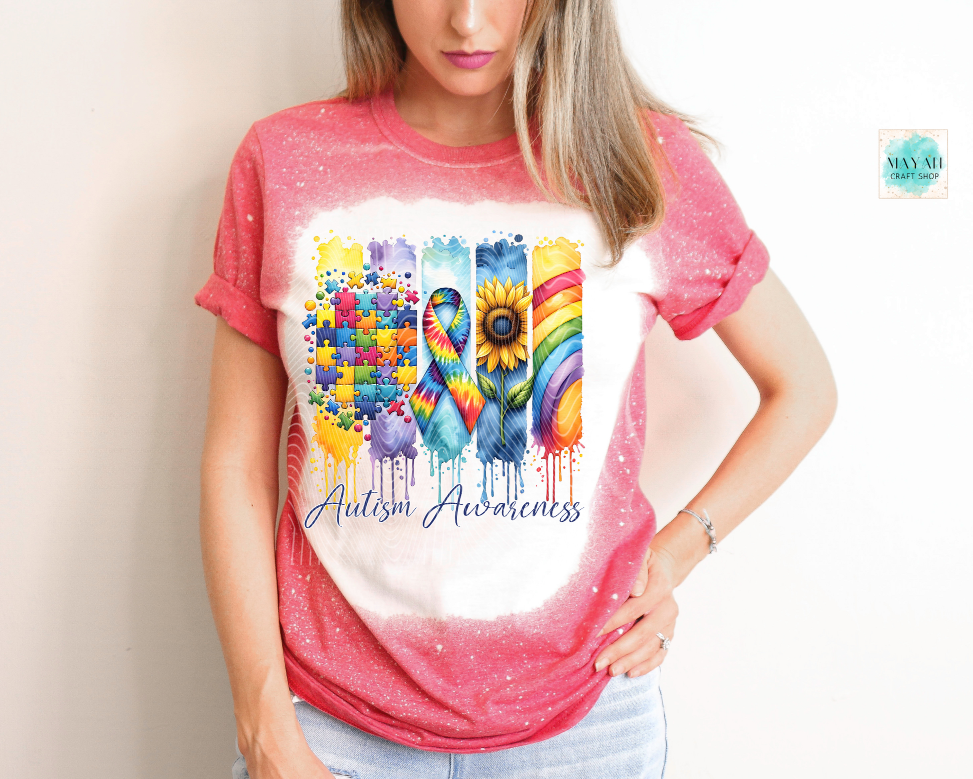Autism awareness heather red bleached tee. -Mayan Craft Shop
