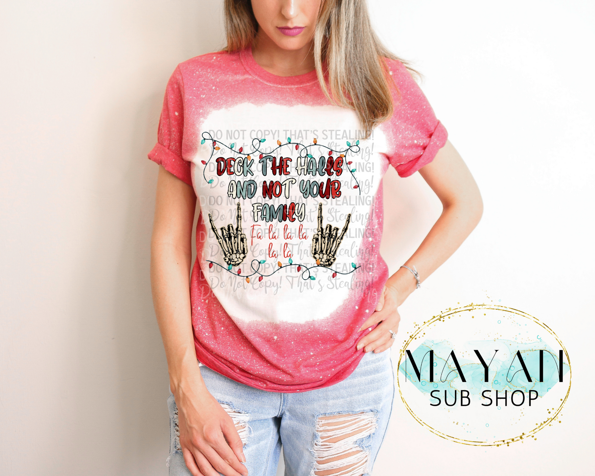 Deck the halls bleached shirt. -Mayan Sub Shop