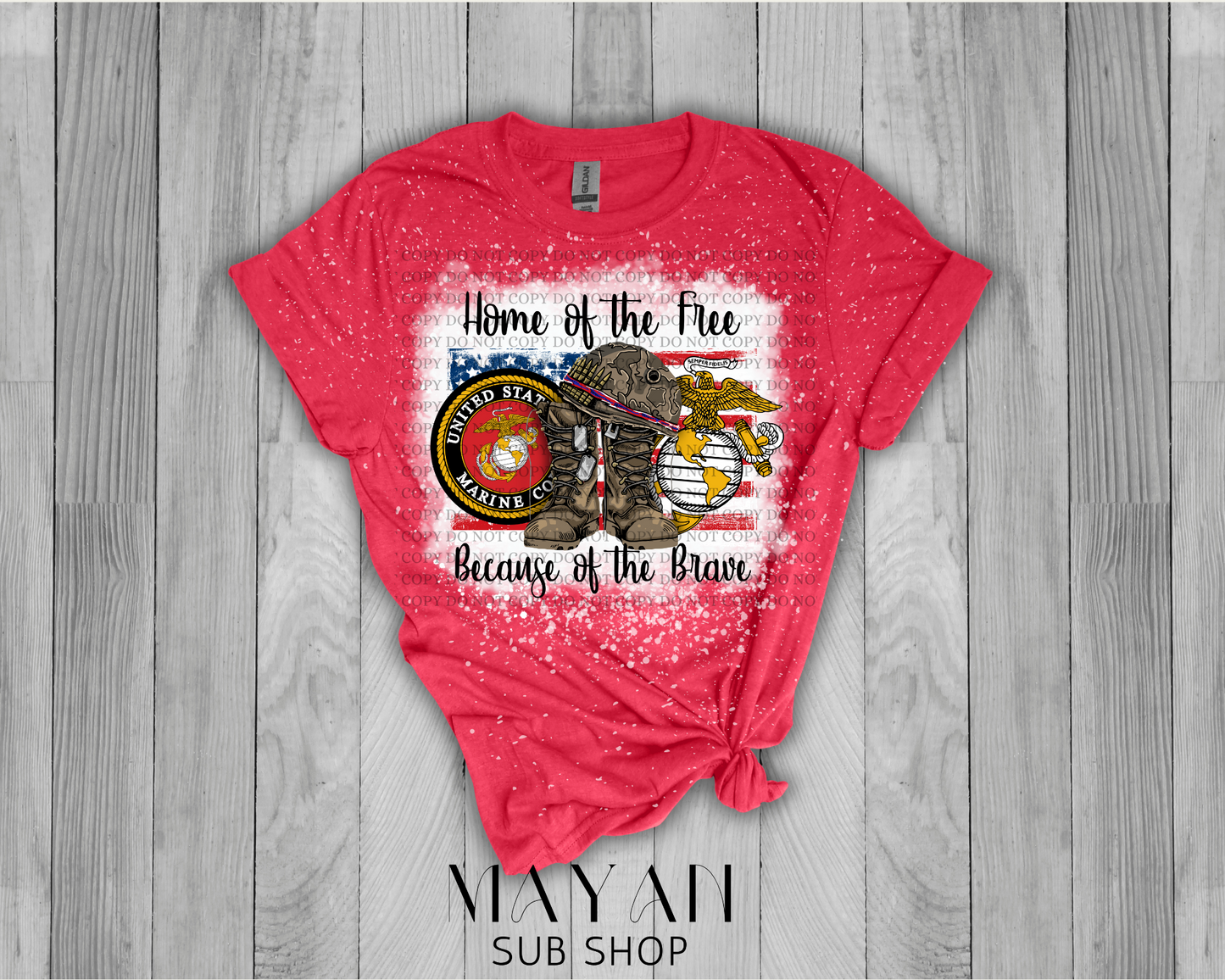 Home of the free marine in heather red bleached shirt. - Mayan Sub Shop