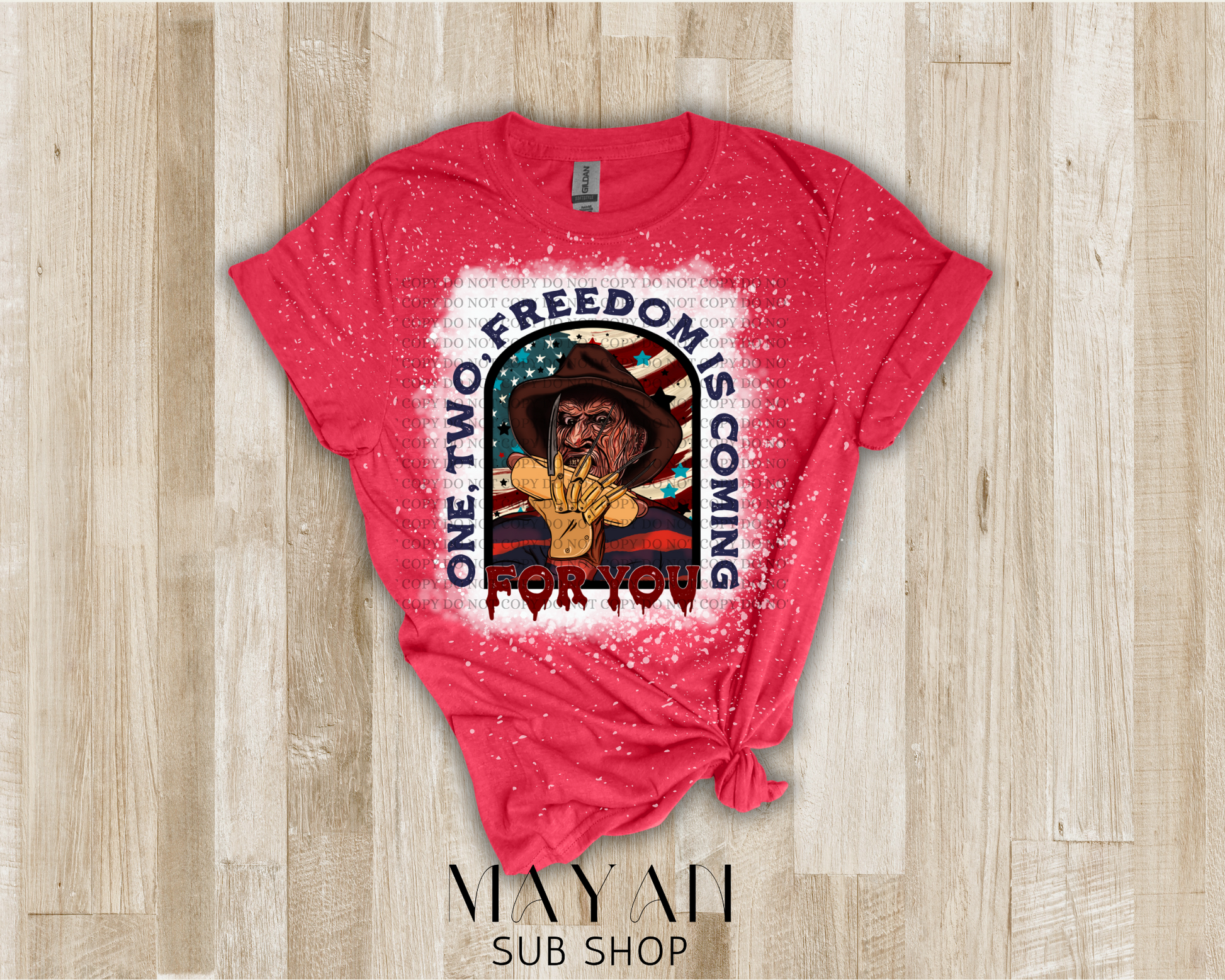 Heather red bleached shirt with classic Halloween villain in 4th of July theme..