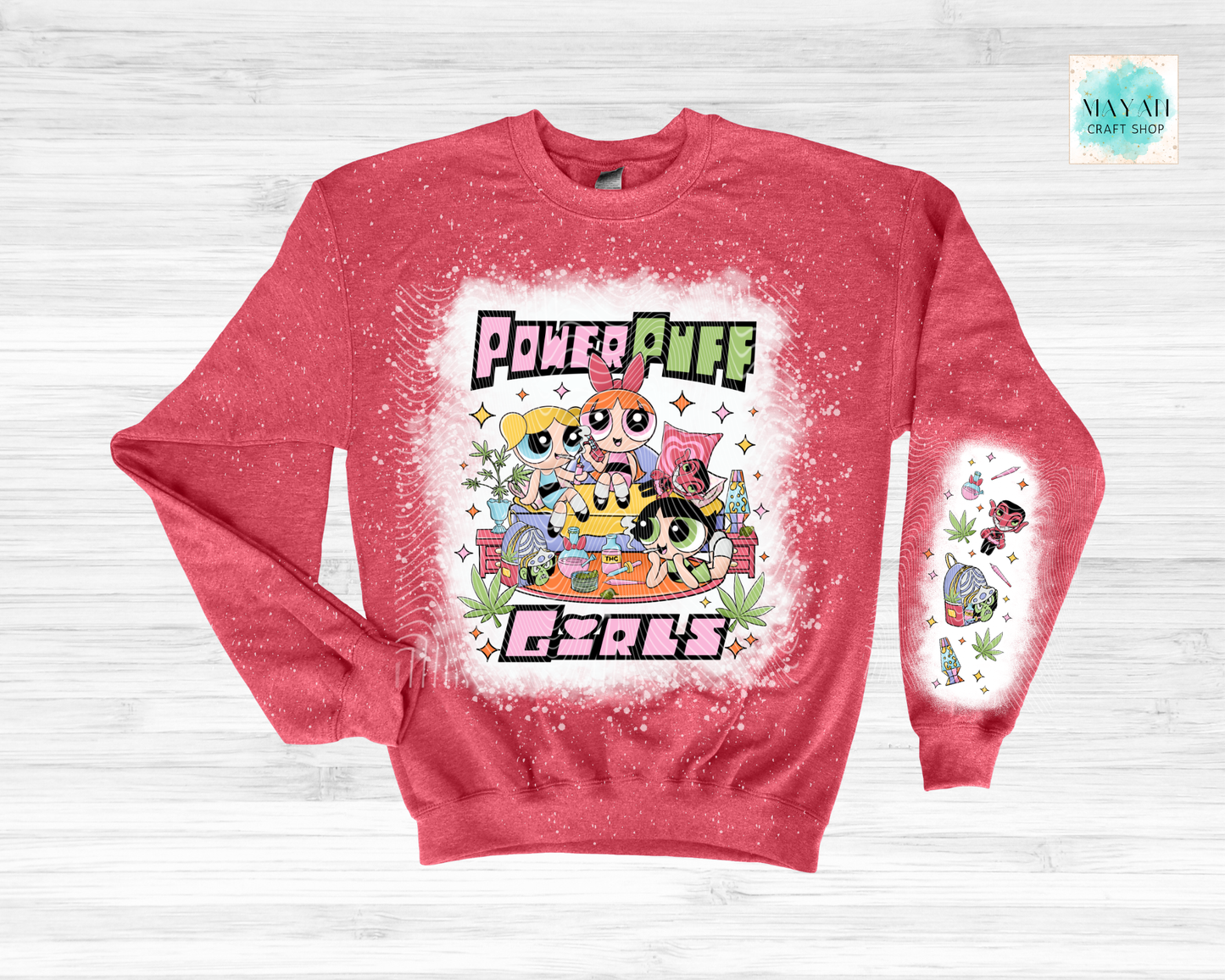 Red sweatshirt with vibrant design on a white background
