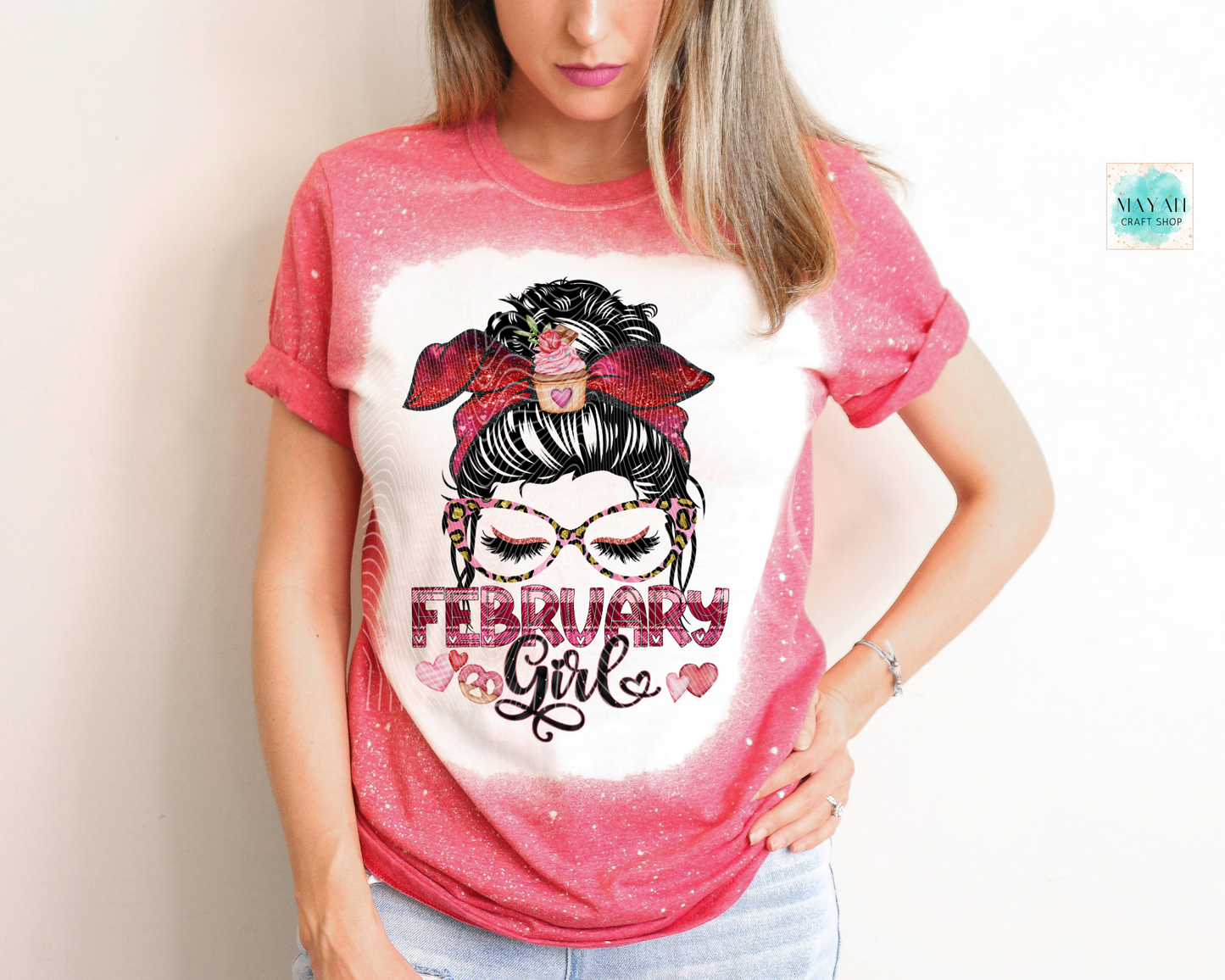 February girl bleached heather red tee. -Mayan Craft Shop