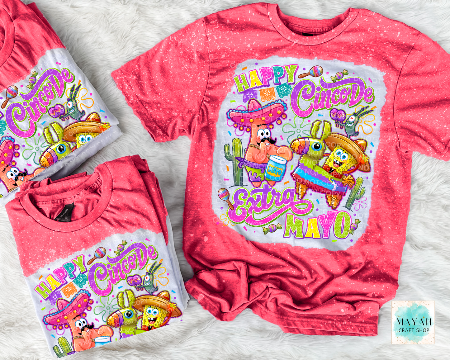 Two red t-shirts with 'Happy Cinco de Mayo' graphics on a light gray background.