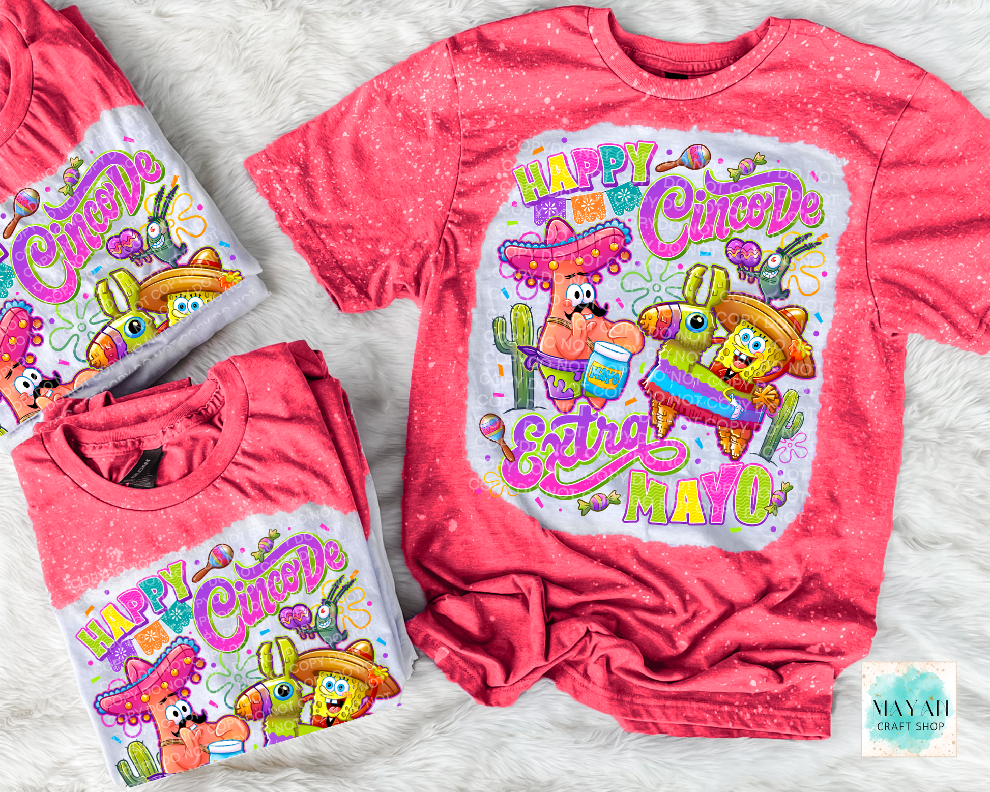 Two red t-shirts with 'Happy Cinco de Mayo' graphics on a light gray background.
