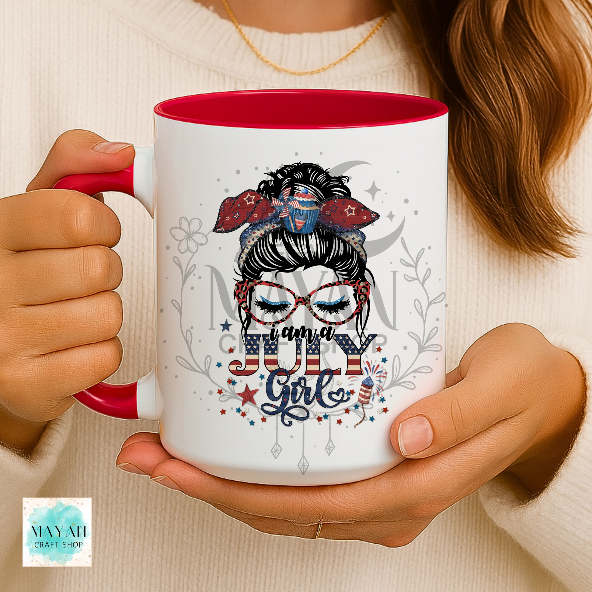 July girl patriotic red mug.