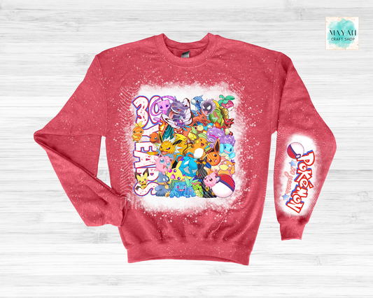 Red sweatshirt with colorful graphic design on a light gray background