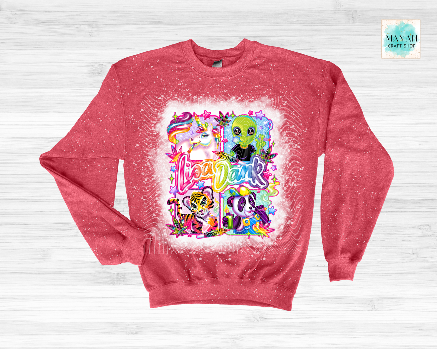 Red sweatshirt with colorful graphic design on a white background