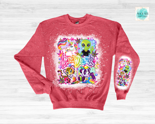 Red sweatshirt with colorful graphic design on a white background