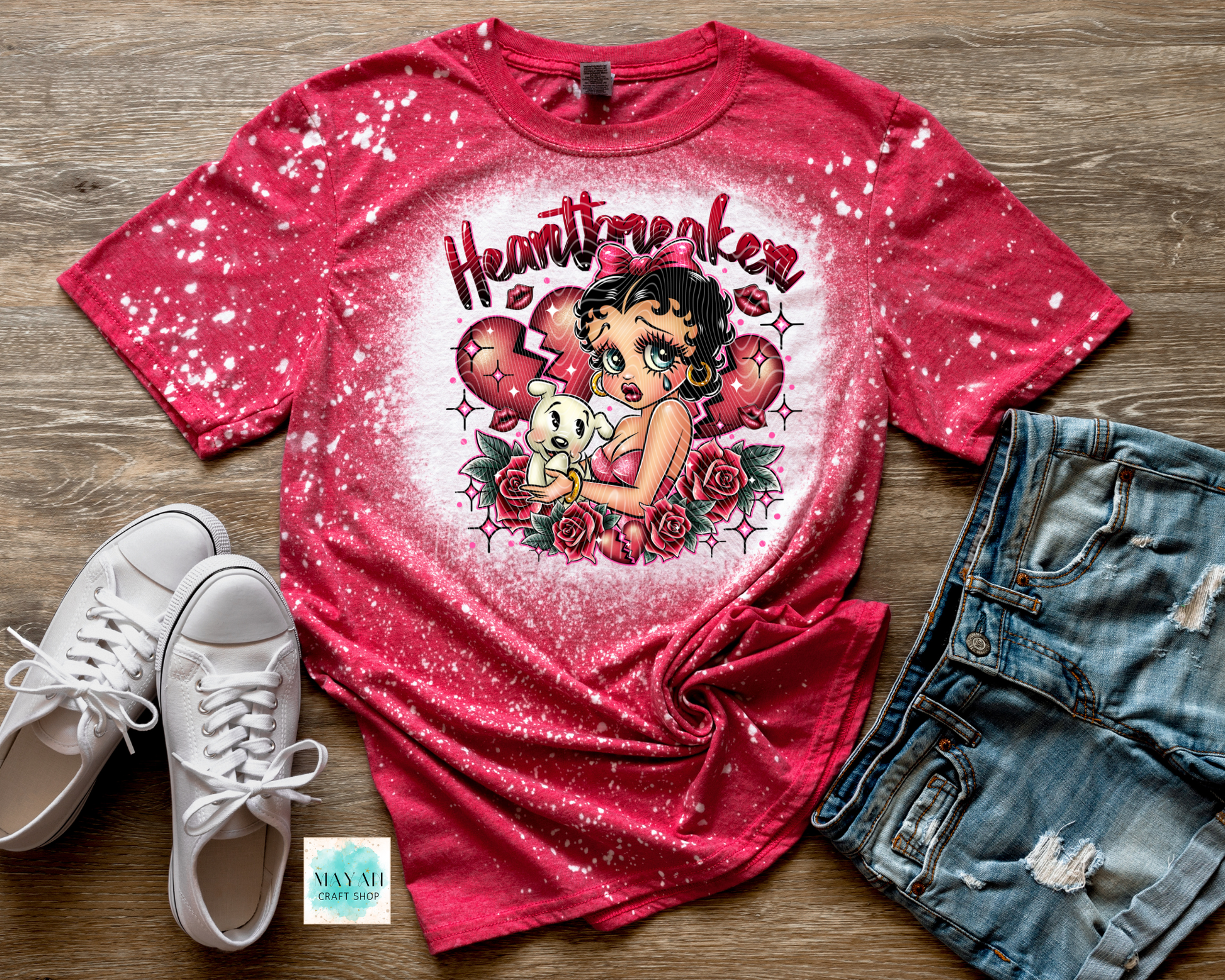 Heartbreaker heather red bleached shirt. -Mayan Craft Shop