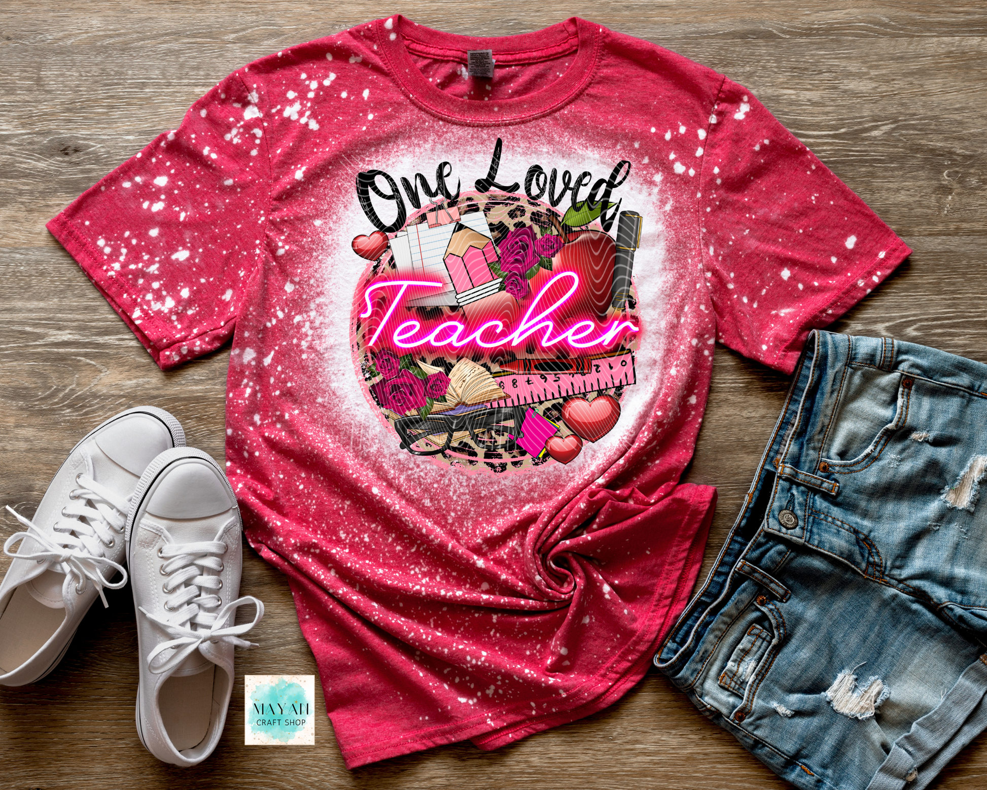 One loved teacher heather red bleached shirt. -Mayan Craft Shop