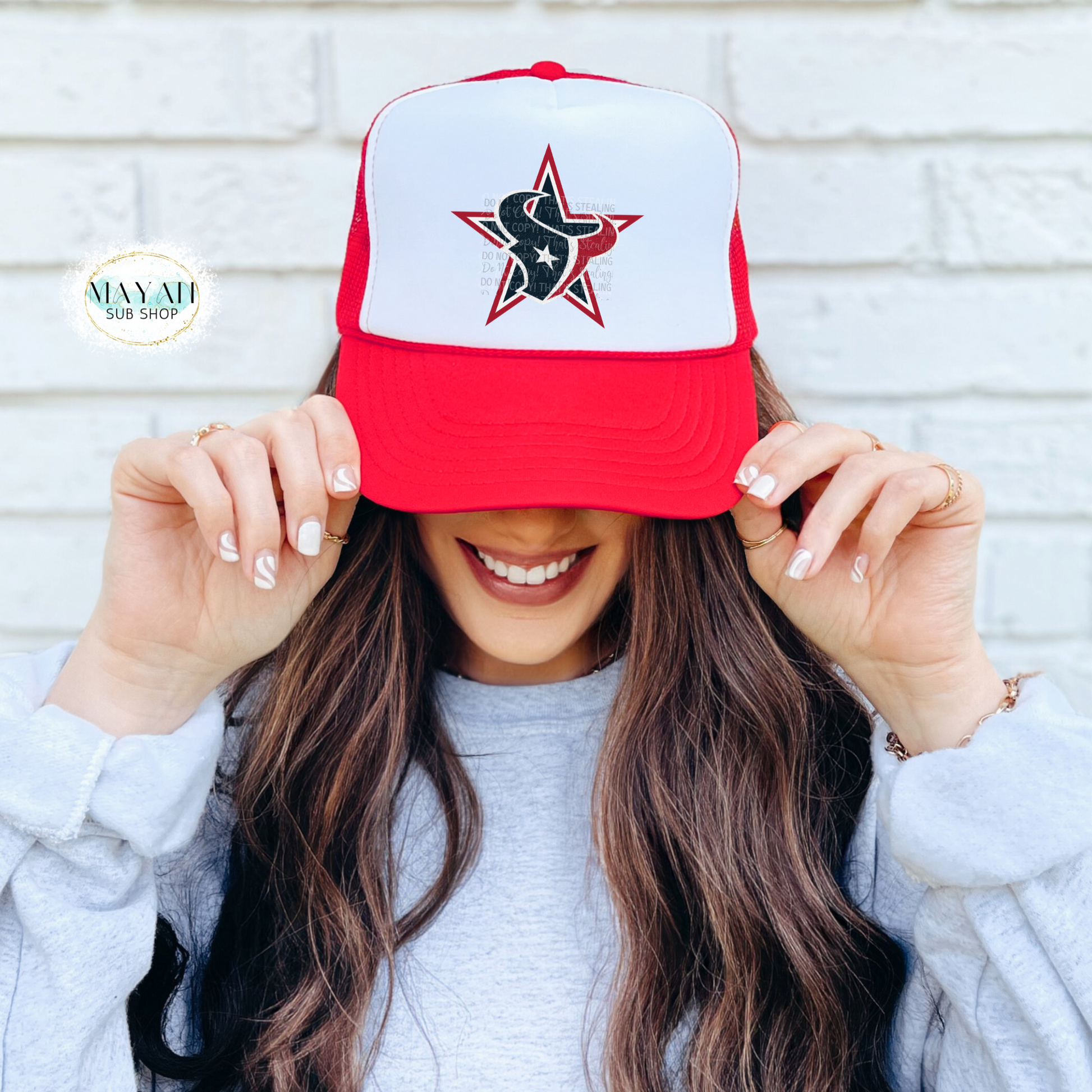 Houston football star red trucker hat. -Mayan Sub Shop