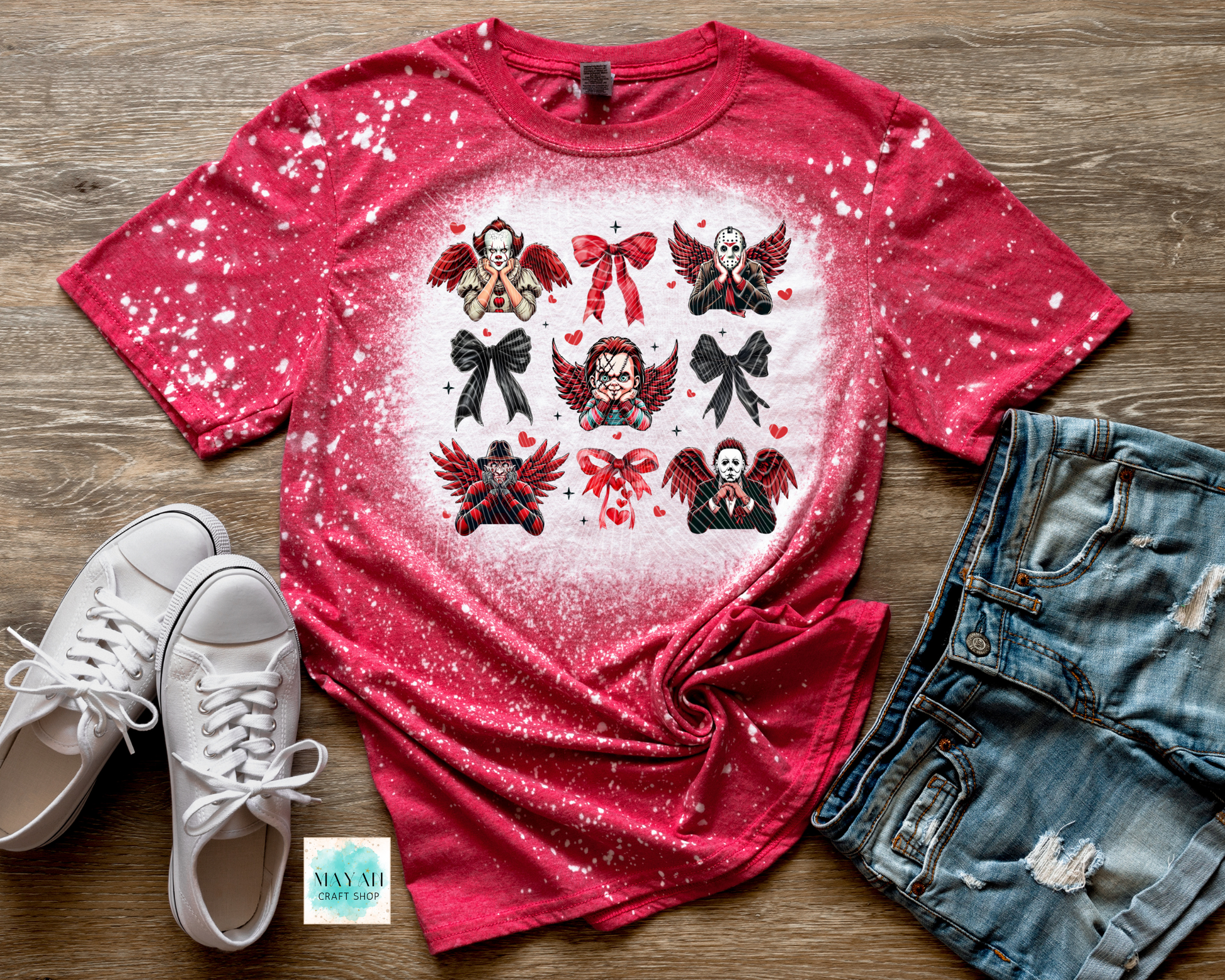 Horror Valentine's coquette heather red bleached tee. -Mayan Craft Shop