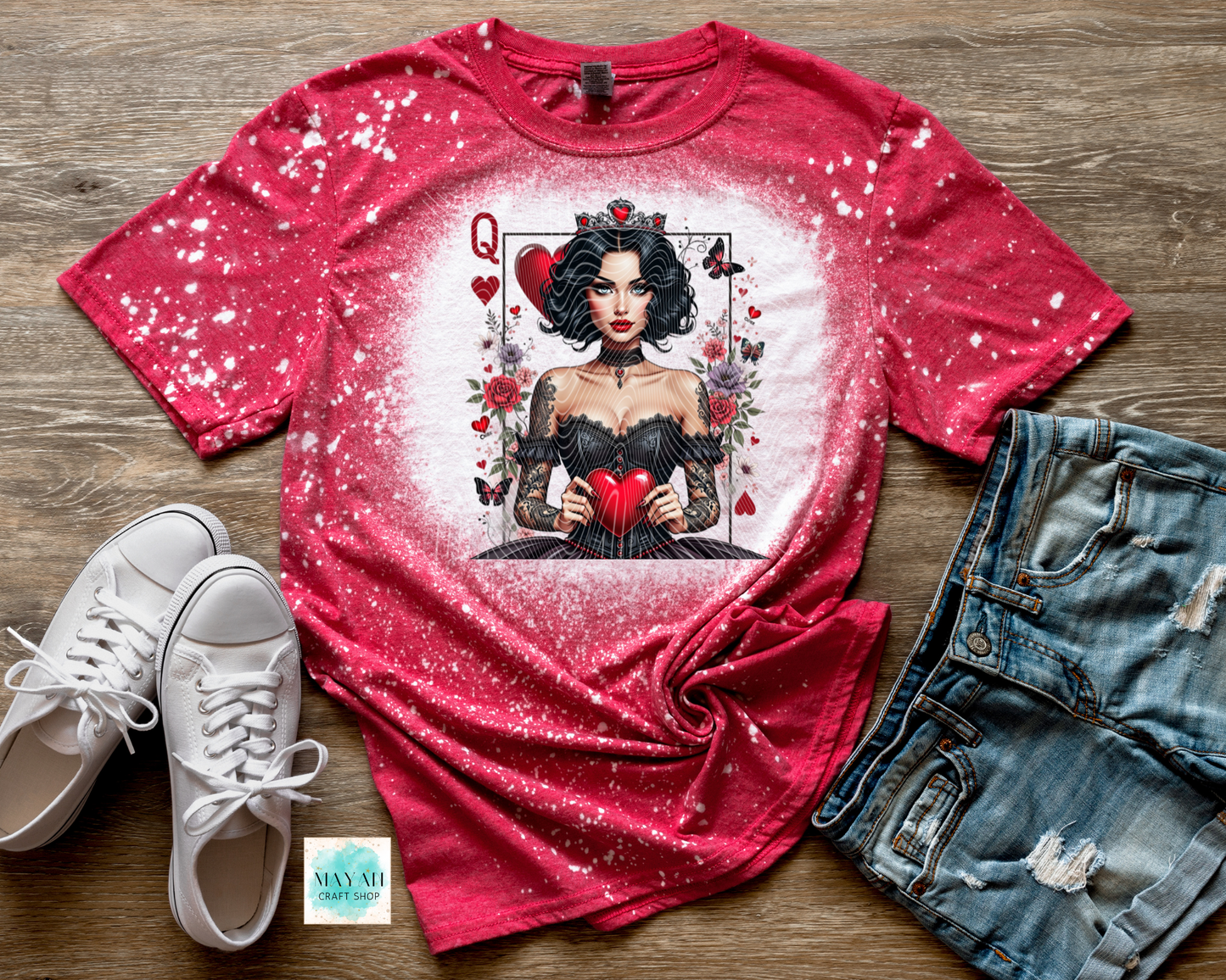 Queen of hearts heather red bleached tee. -Mayan Craft Shop