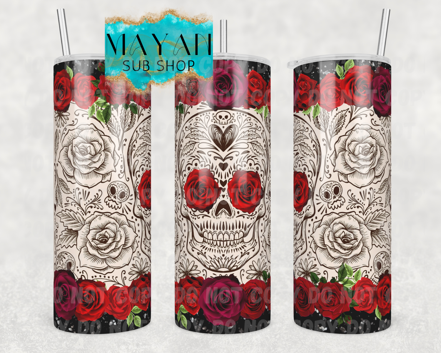 Red roses sugar skull 20 oz. skinny tumbler. -Mayan Sub Shop