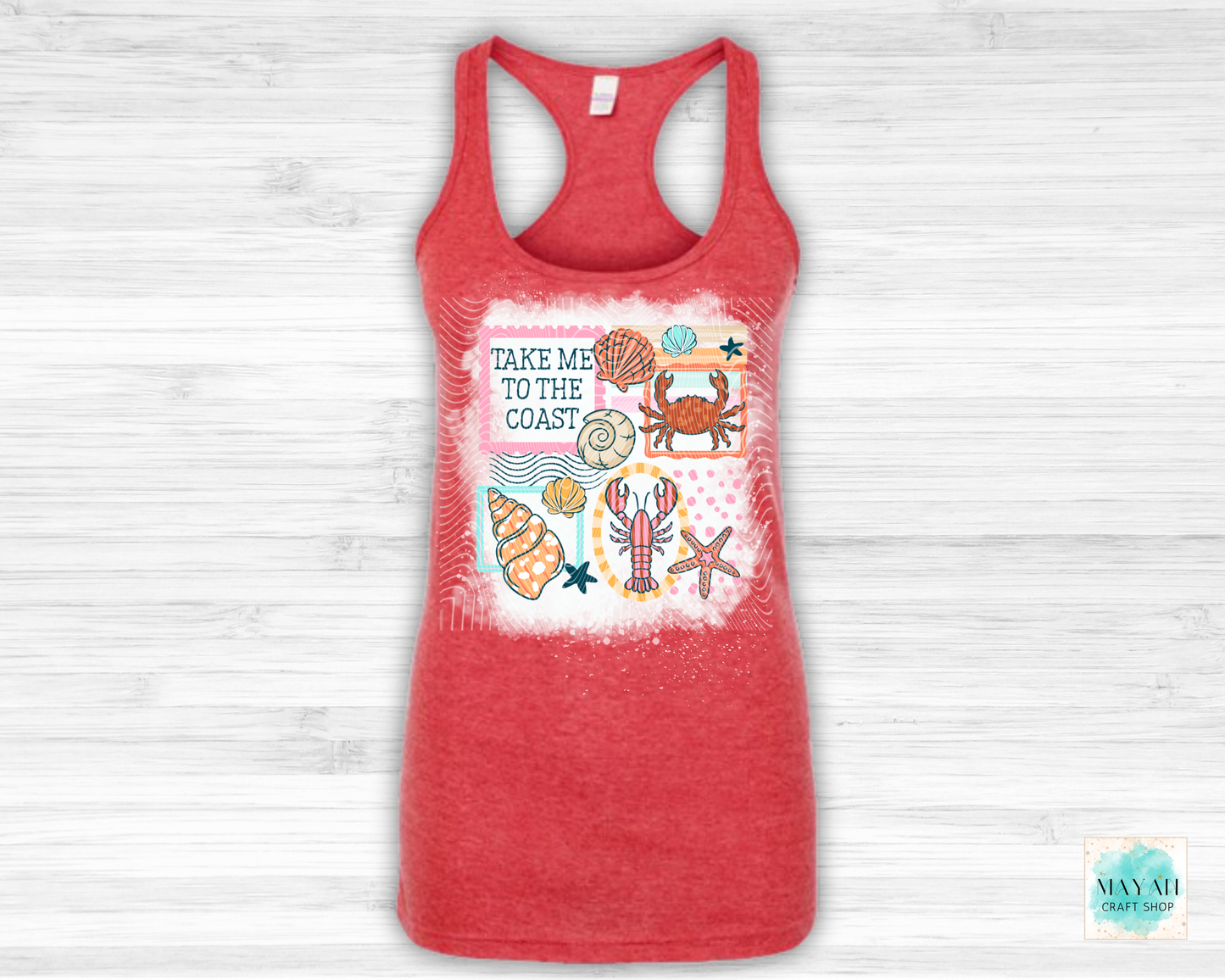 Red tank top with coastal design and text on a white background