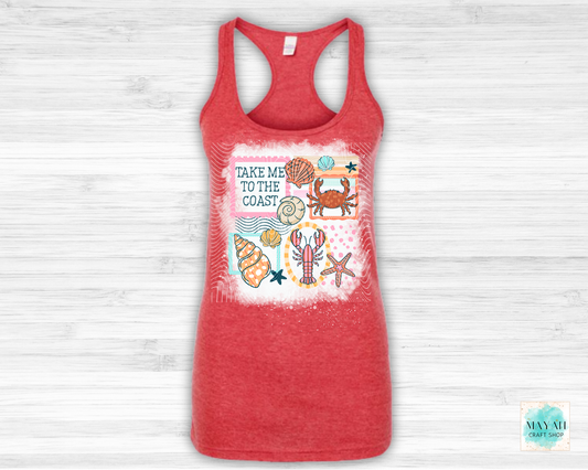 Red tank top with coastal design and text on a white background