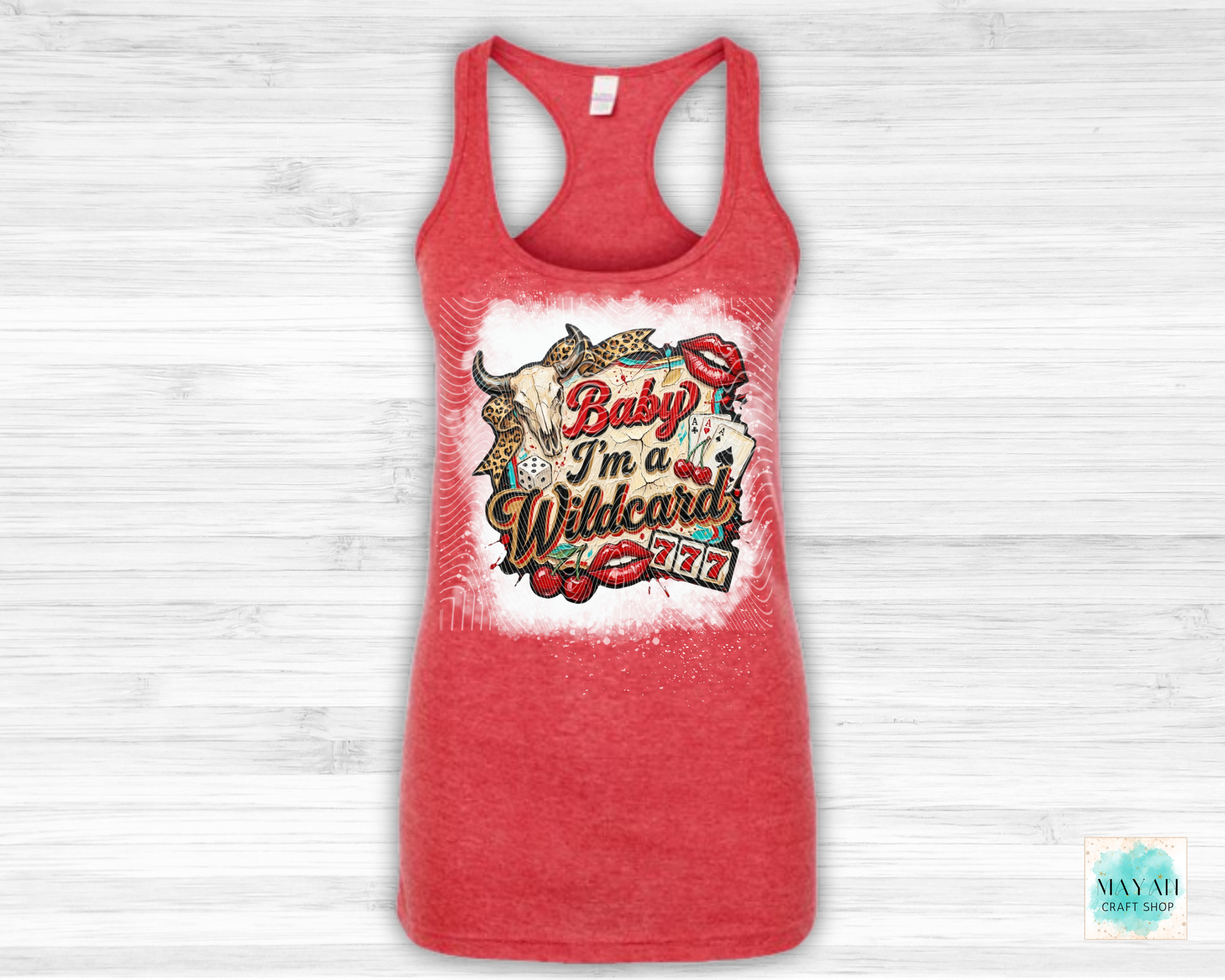 Red tank top with graphic design and text on a white background