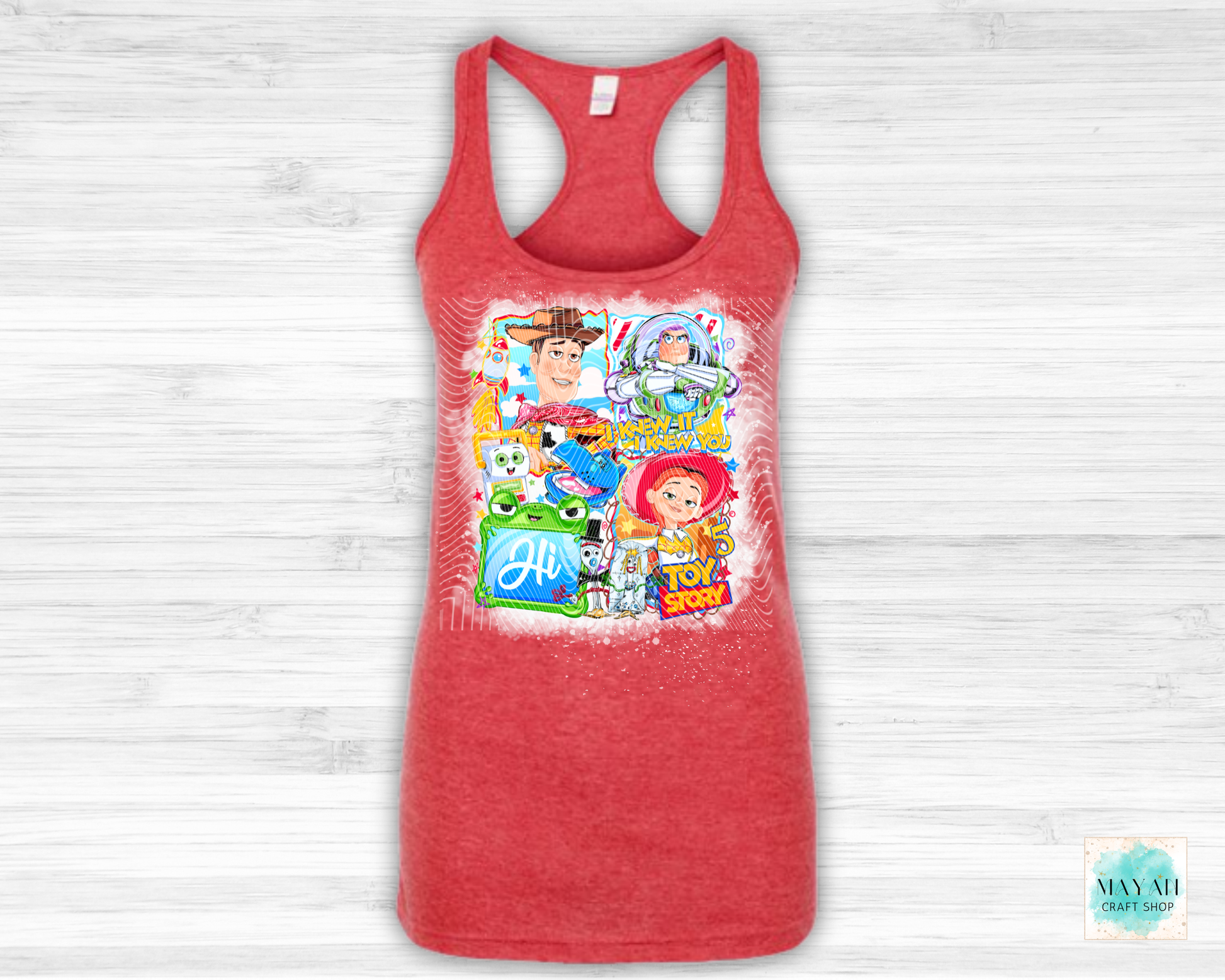 Red tank top with colorful graphic design on a white background