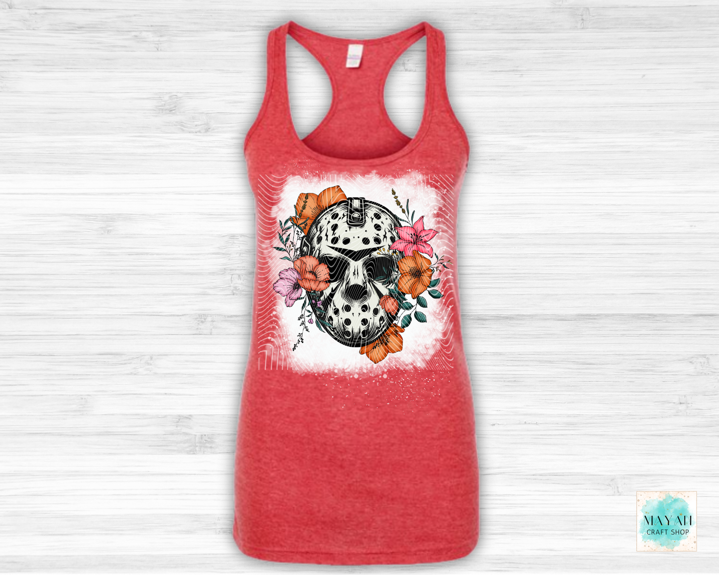 Red tank top with a skull and floral design on a white background