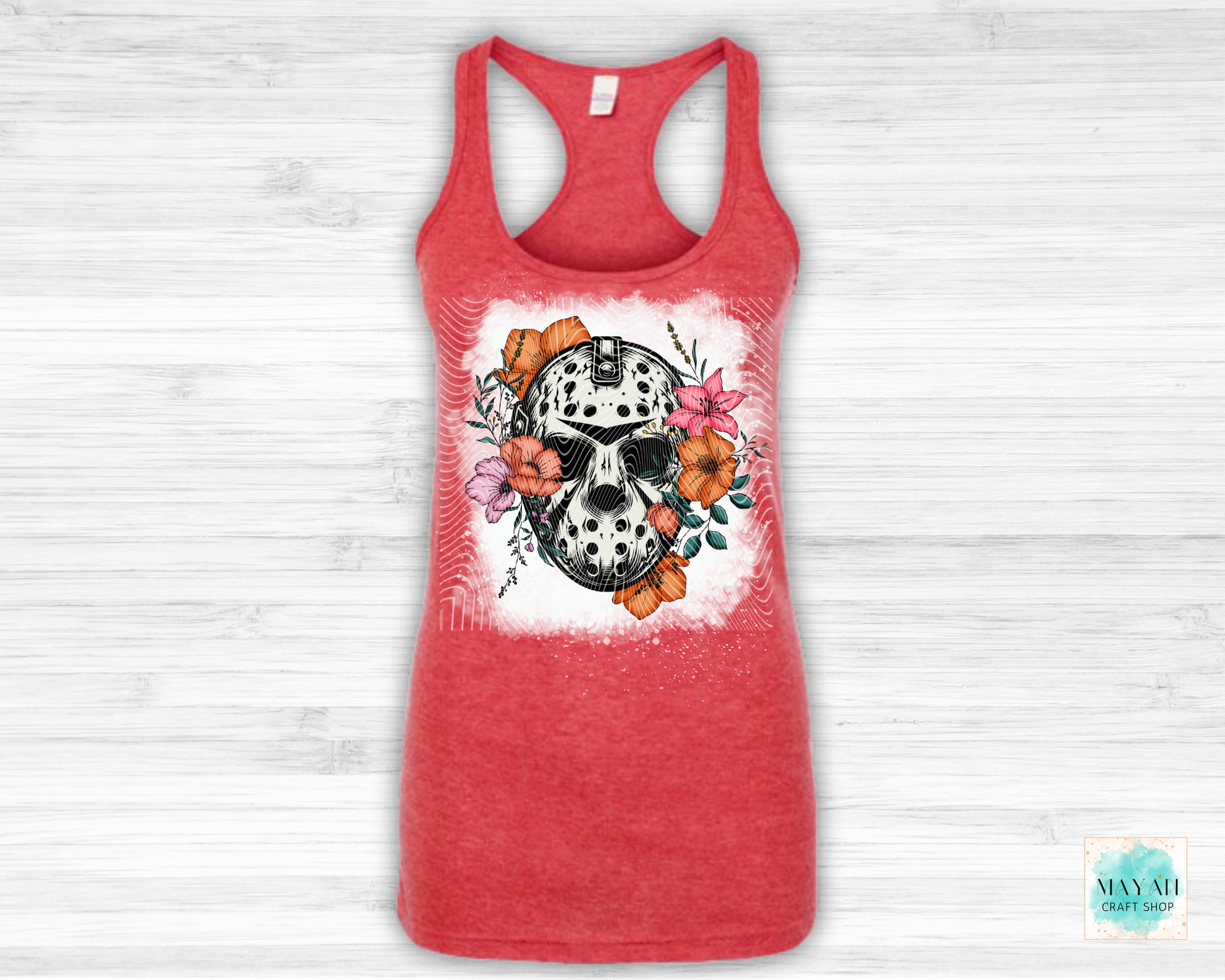 Red tank top with a skull and floral design on a white background