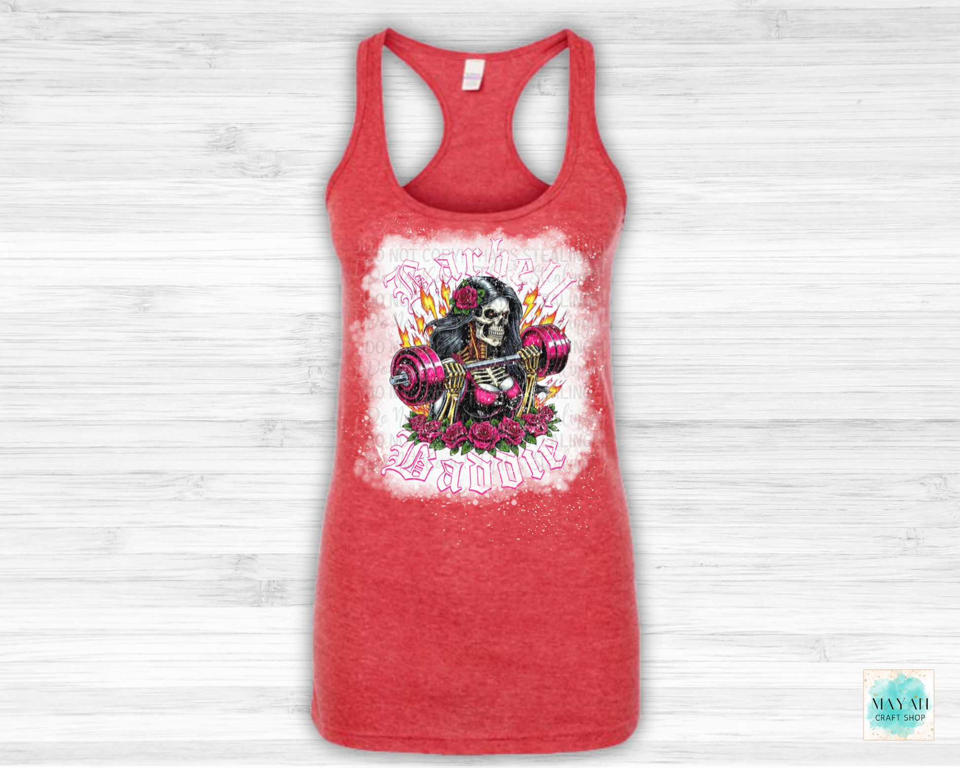 Barbell baddie heather red bleached tank top. -Mayan Craft Shop