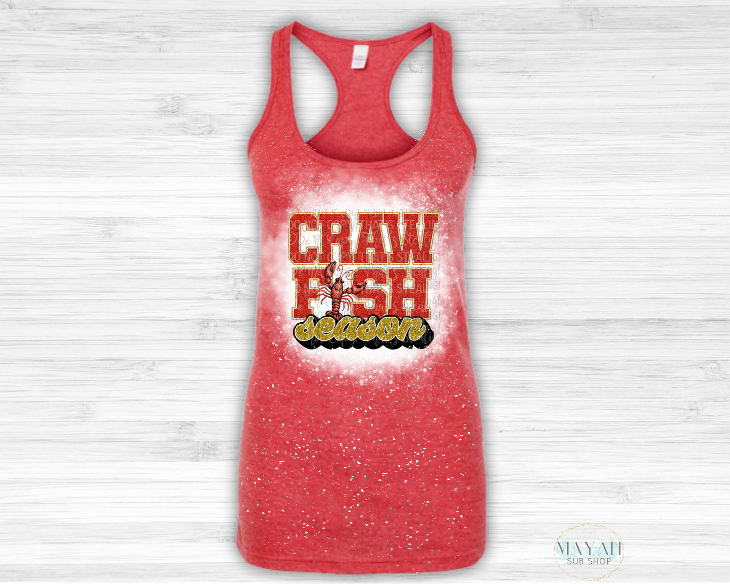 Crawfish season bleached racerback tank. -Mayan Sub Shop