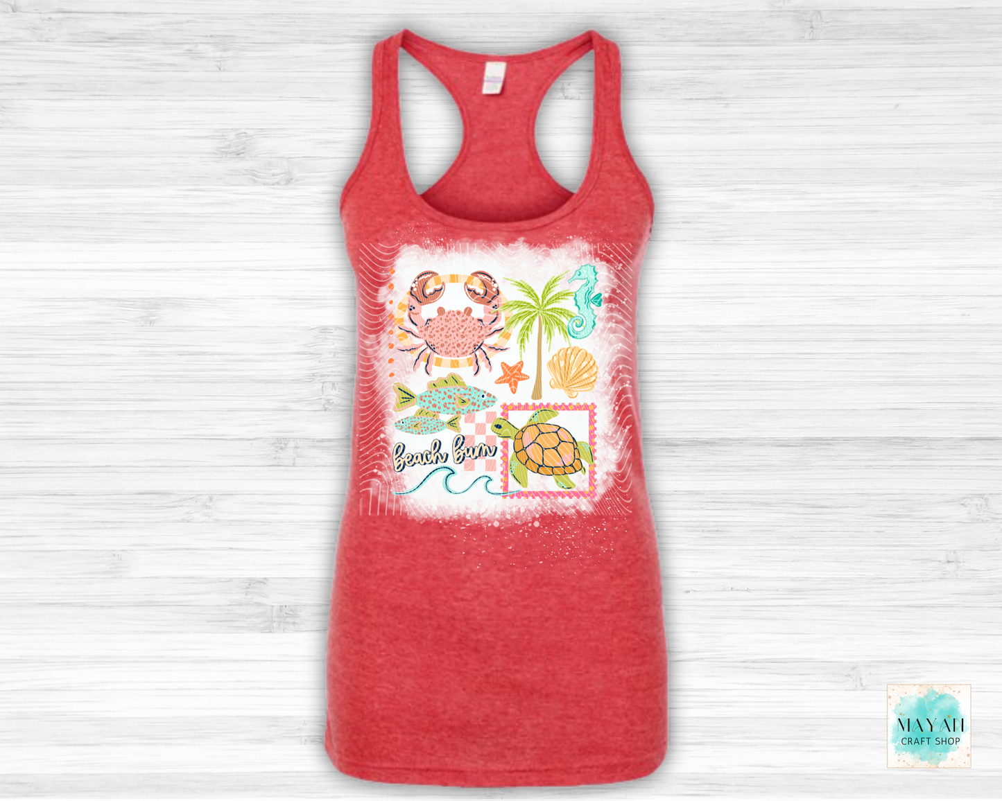 Red tank top with beach-themed design on a white background