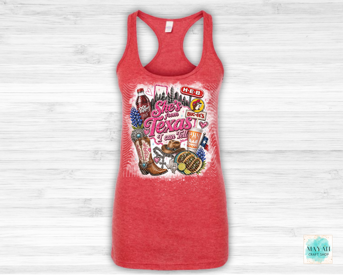 Red tank top with Texas-themed graphic on a white background