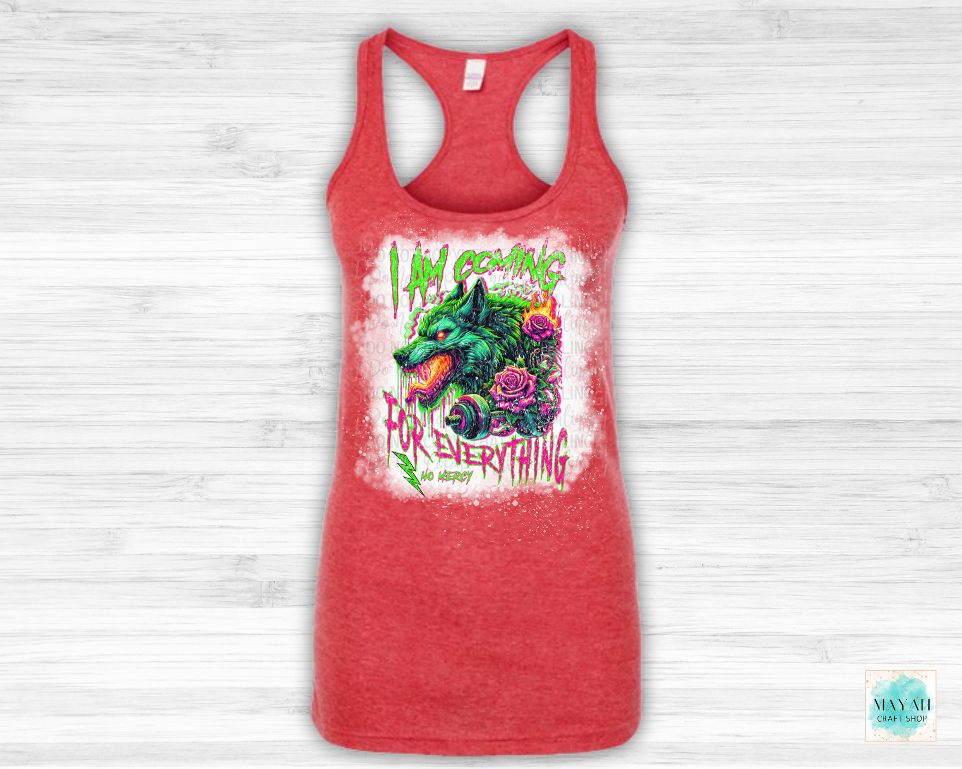 Coming for everything heather red bleached tank top. -Mayan Craft Shop