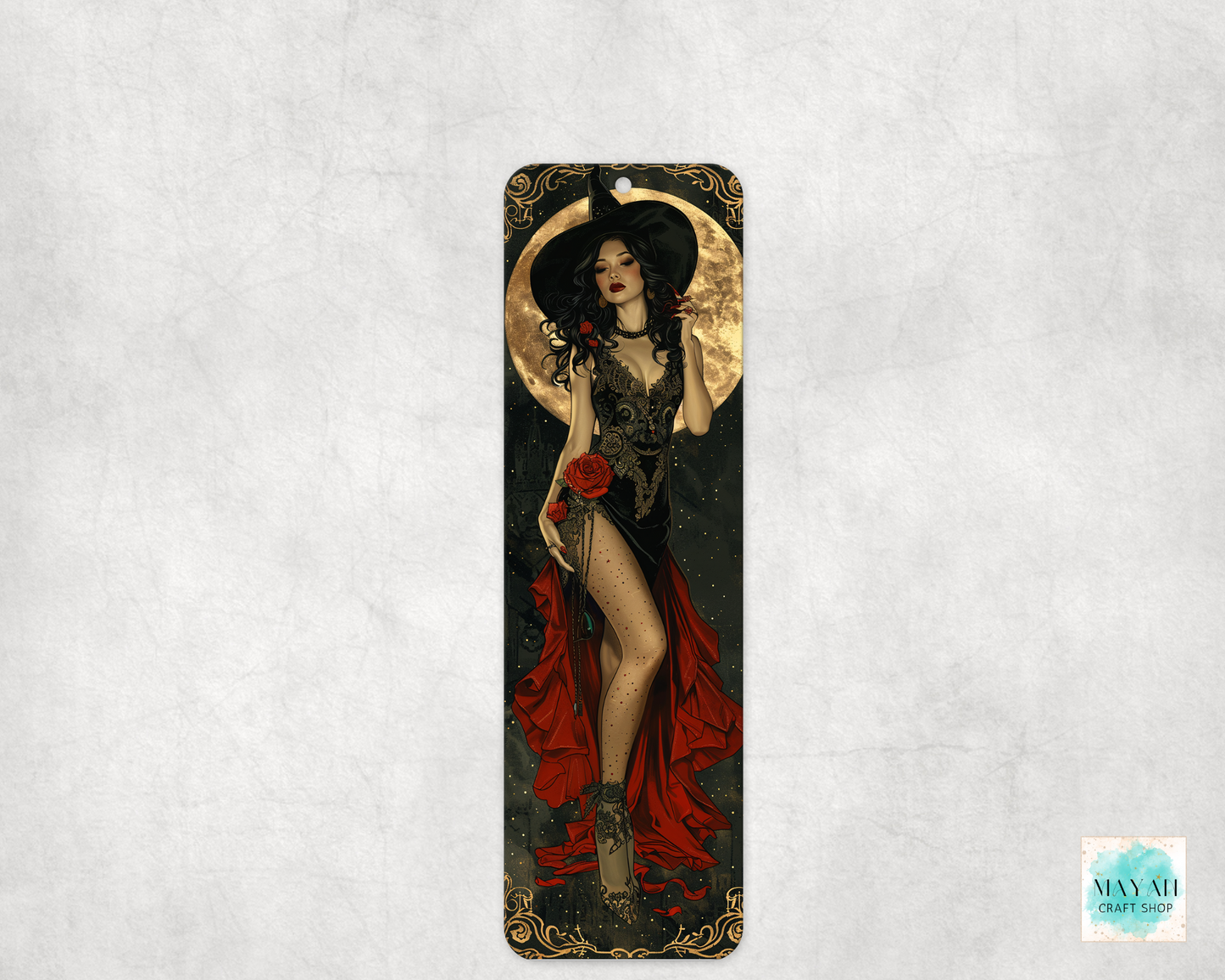 Decorative bookmark with an illustration of a woman in a black dress and red cape on a textured white background.