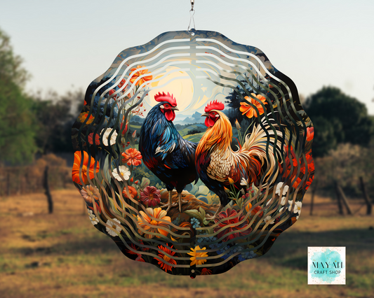 Decorative hanging with roosters design in a natural setting