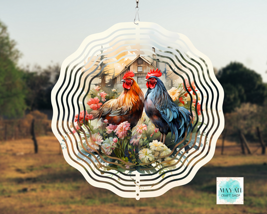 Decorative hanging with two roosters in a field, featuring the brand 'May Art'.