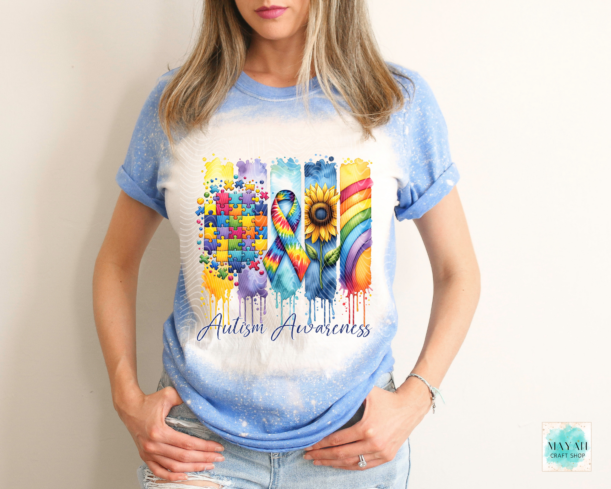 Autism awareness heather royal blue bleached tee. -Mayan Craft Shop