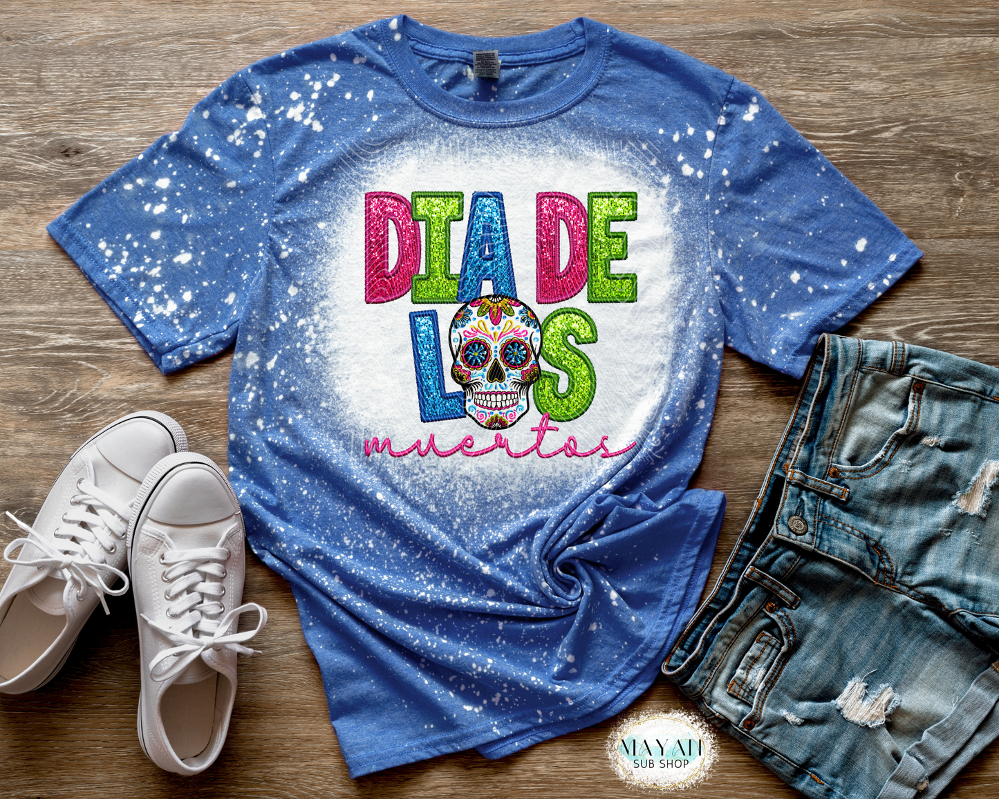 Dia de los muertos sugar skull heather royal blue bleached tee. -Mayan Sub Shop