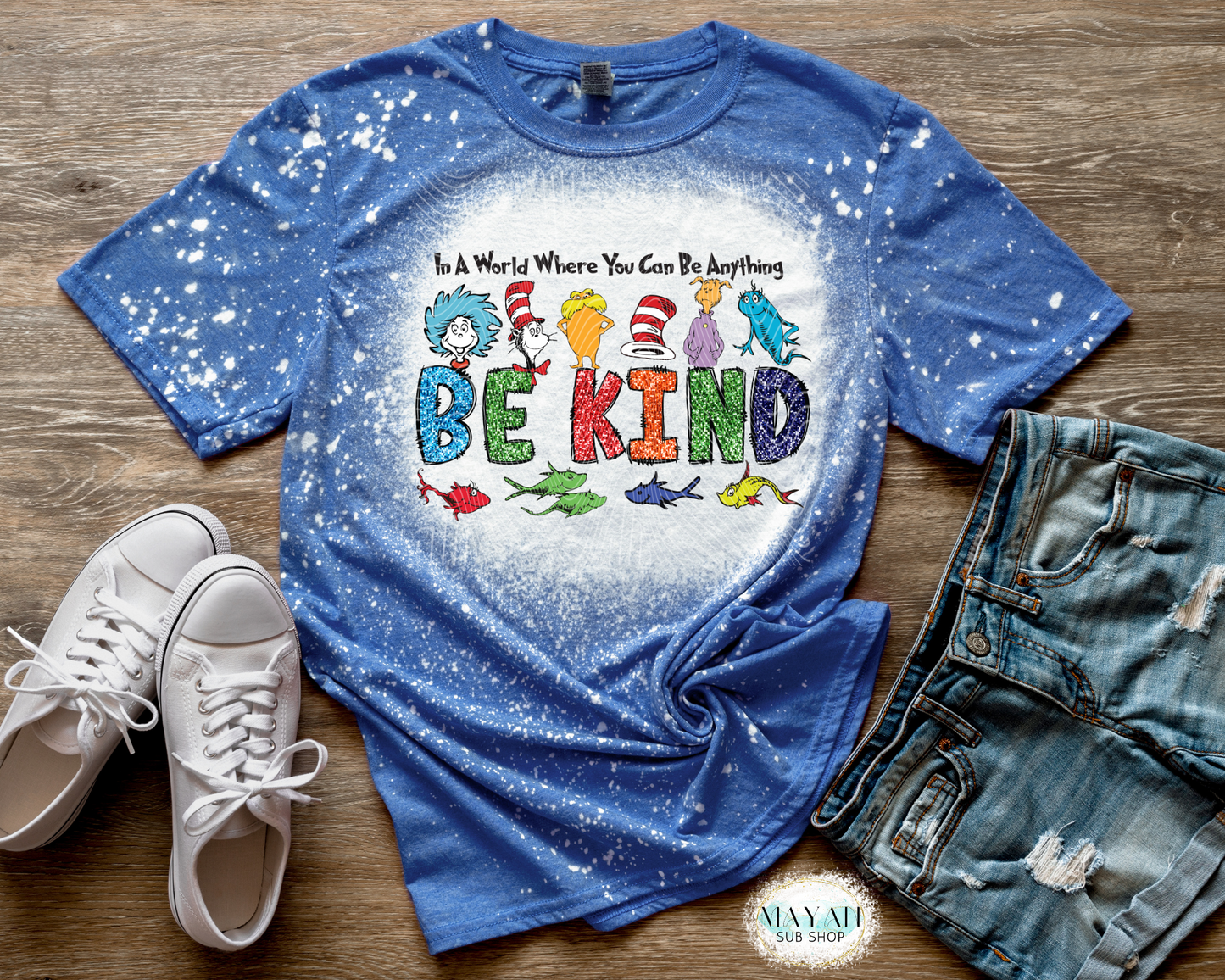 Be kind heather royal blue bleached tee. -Mayan Craft Shop