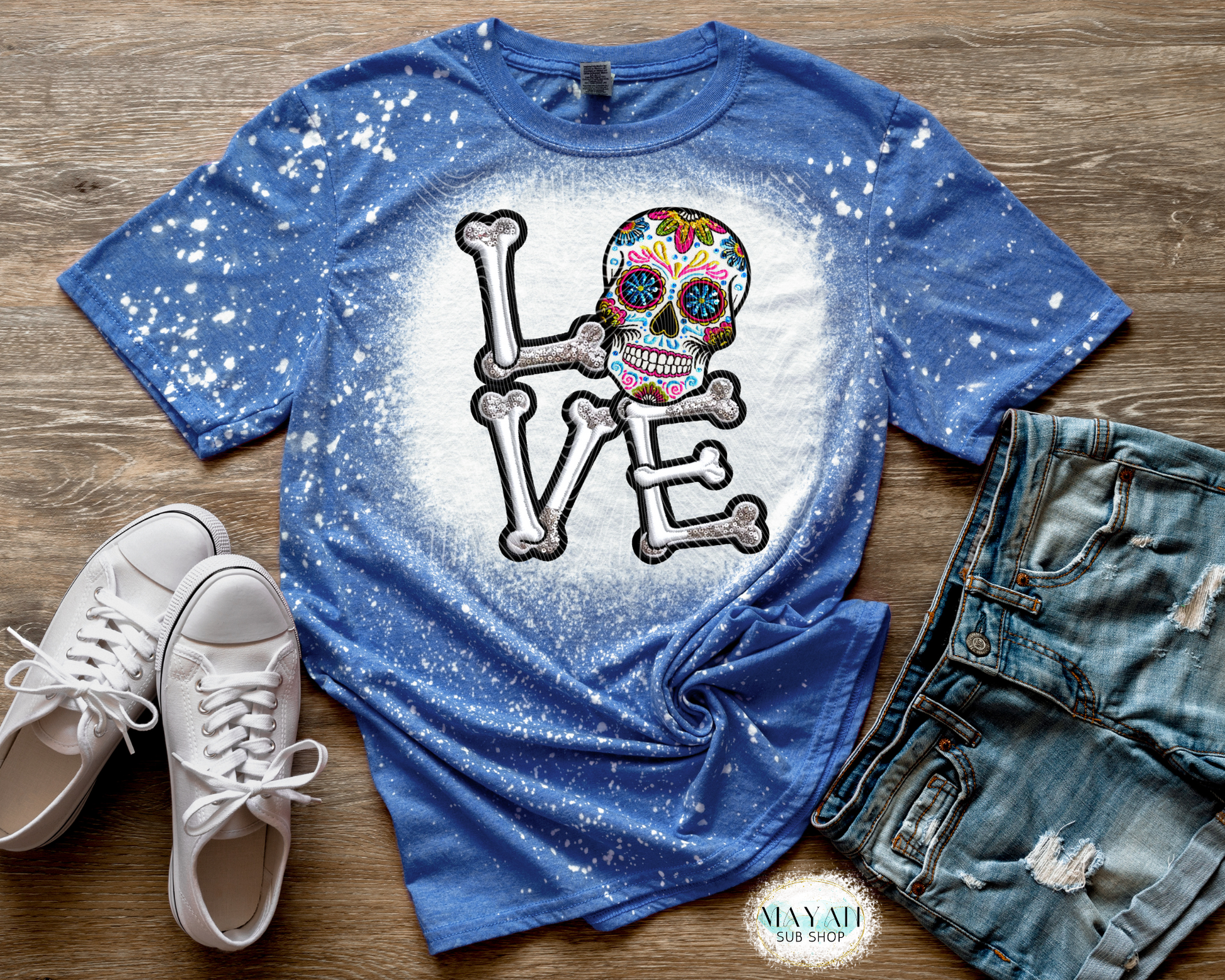 Dia de los muertos love heather royal blue bleached tee. -Mayan Sub Shop