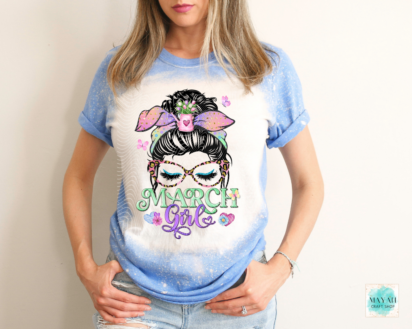 March girl heather royal blue bleached tee. -Mayan Craft Shop