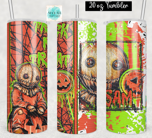 Three views of a 20 oz skinny tumbler with a Halloween-themed wrap design featuring spooky graphics on a white background.