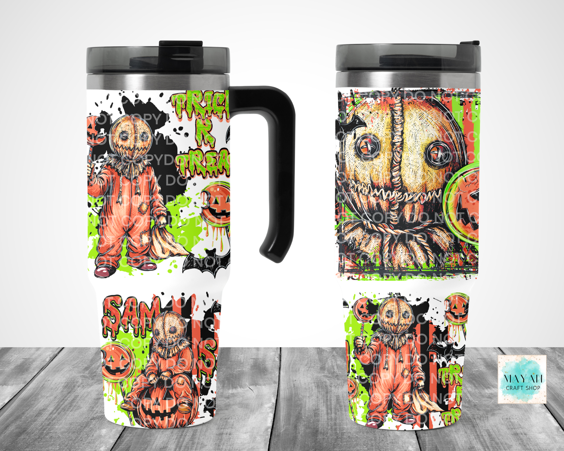 Two views of a travel tumbler mug with a Halloween-themed printed design featuring a scarecrow, and pumpkins.